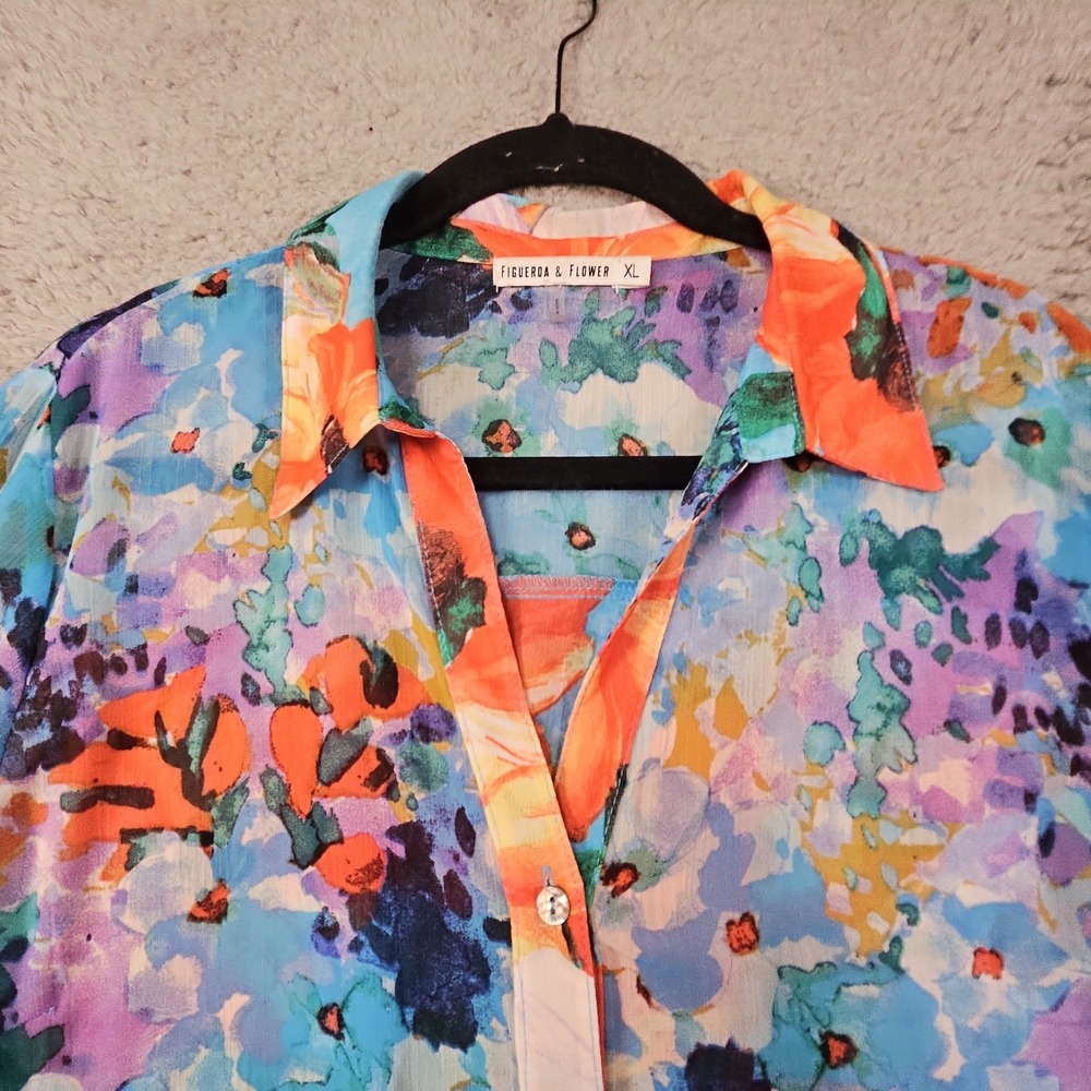 Figueroa Flower Women XL Shirt Floral Roll Tab Sleeve Boho Abstract Artsy Resort - Picture 3 of 13